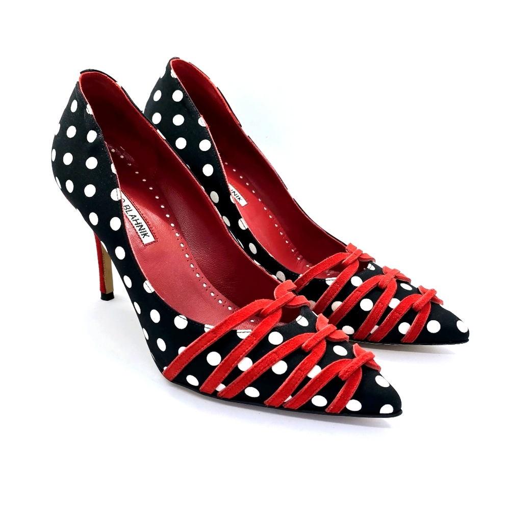 Manolo Blahnik Naxis Polka Dot High Heels with Red Accents Size IT36/US6